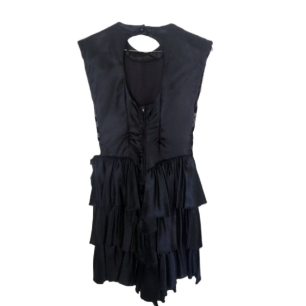 Vintage 1980s velvet satin cocktail dress LBD asymmetrical hem ruffle bow S - Picture 5 of 6
